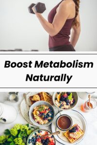woman lifting weight with a dumbbell; plate of healthy foods