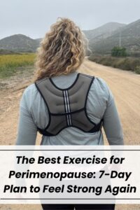 A woman in perimenopause walking with a weighted vest on.